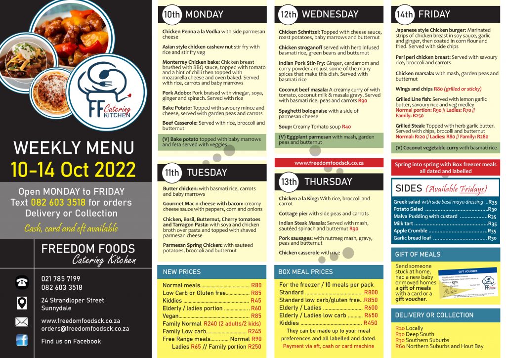 Weekly menu: 10-14 October 2020 - Freedom Foods Catering Kitchen